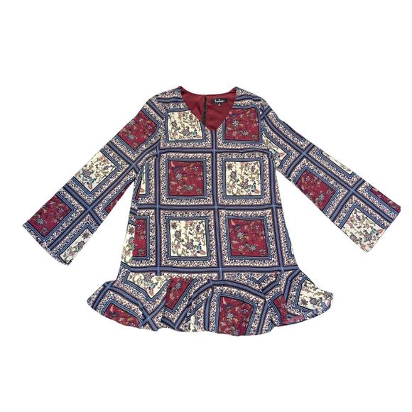Lulus Cream & Plum Multi Print Patchwork Long Sleeve Dress Boho Festival Size S - Picture 1 of 4